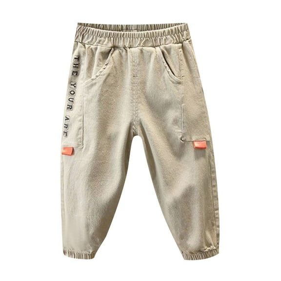 CQONEPT Toddler Boys Cargo Pants with Pockets Elastic Waist Youth Jogger Pant Casual Athletic Running Tapered Pants Khaki 4 Years