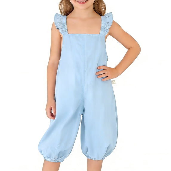 CQONEPT Toddler Girl Romper Jumpsuit Overall Pants Solid Sleeveless Ruffle Halter One Piece Cute Outfit Clothes 0-6 Years Light Blue 1-2Years