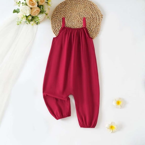 CQONEPT Toddler Girls Jumpsuit Spaghetti Strap Overalls Summer Casual Jogger Pants Rompers for Little Girl 6M-3T Red 6 Months