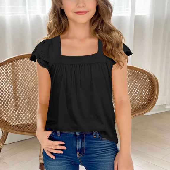 CQONEPT Toddlers Girl's Short Sleeve Shirts Square Neck Summer Casual Lace Pleated Blouse Tunic Tops Black 11 Years