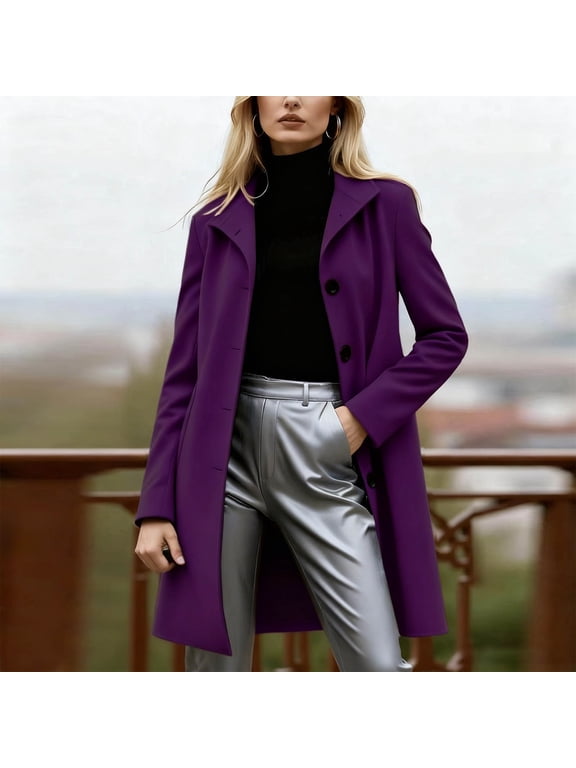 Trench Coat for Women Single Breasted Trench Coat Coats Outerwear Blazer Jacket Button Overcoat with Pockets Purple L