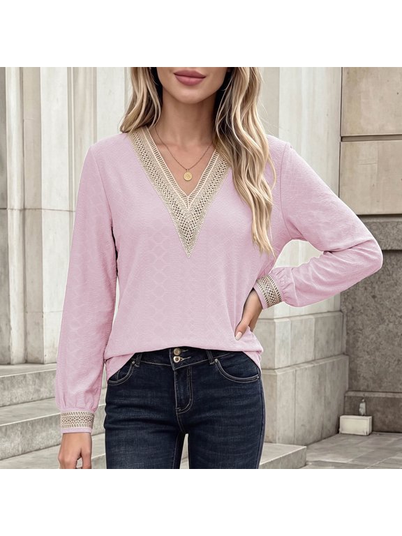 V Neck Tops for Women Wrap Front Long Sleeve Shirt Pullover Top Fall Work Office Long Sleeve Blouse Tee Pink 2XL