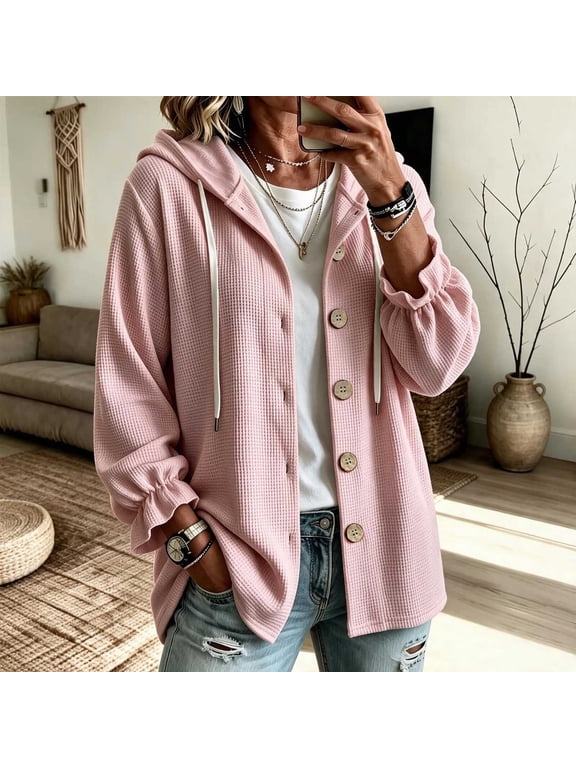 Waffle Jackets for Women Knit Hooded Button Jacket Lightweight Casual Hooded Layering Outerwear Drawstring Fall Fashion Outfit 2XL