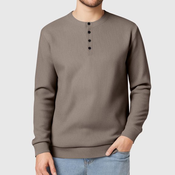 CQONEPT Waffle Shirts for Mens Dressy Casual Long Sleeve Tops Henley Neck Pullover Tops Outdoor Comfy Clothes Dark Gray L