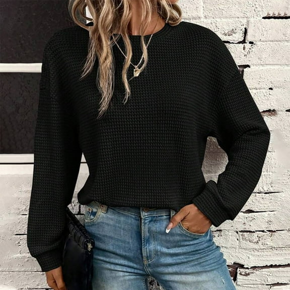 CQONEPT Waffle Tops for Womens Crewneck Long Sleeve Shirts Fall Fit Tunic Tops Lounge Loose Fit Blouse Black XL