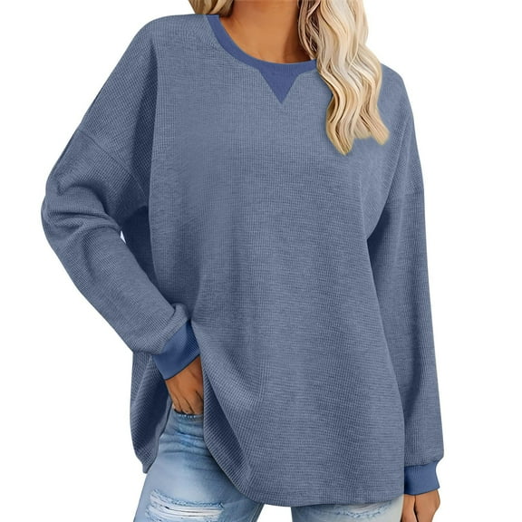 CQONEPT Waffle Tops for Womens Crewneck Long Sleeve Tunic Tops Casual Cute Trendy Pullover Tops Blue S