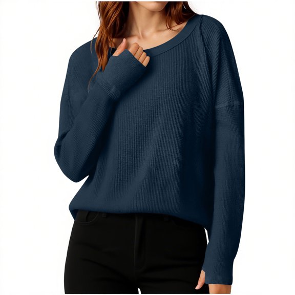 CQONEPT Waffle Tops for Womens Scoop Neck Comfy Long Sleeve Shirts with Thumb Holes Lounge Loose Fit Fall Clothes Dark Blue S