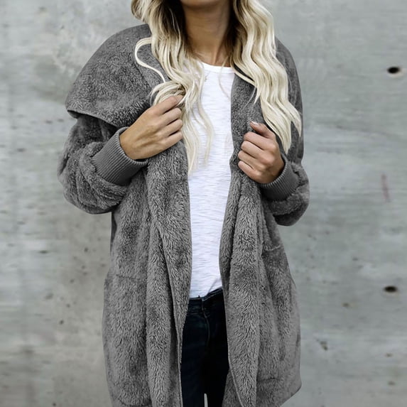 CQONEPT Warm Sherpa Fleece Jackets for Women Fuzzy Hooded Zip Up Casual Coats Long Cardigan Winter Outerwear with Pockets Dark Gray 5XL