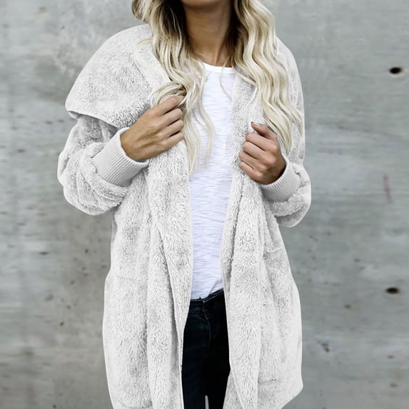 CQONEPT Warm Sherpa Fleece Jackets for Women Fuzzy Hooded Zip Up Casual Coats Long Cardigan Winter Outerwear with Pockets White 2XL