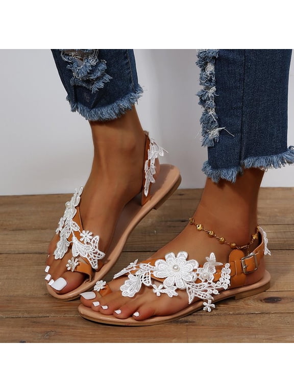 Wedding Flat Sandals,White Lace Sandals,Flowers Lace Sandals, Summer Flat Clip Toe Boho Pearls & Floral Sandals for Bride Comfy Dress Toe Ring Roman Sandals Size 5 White