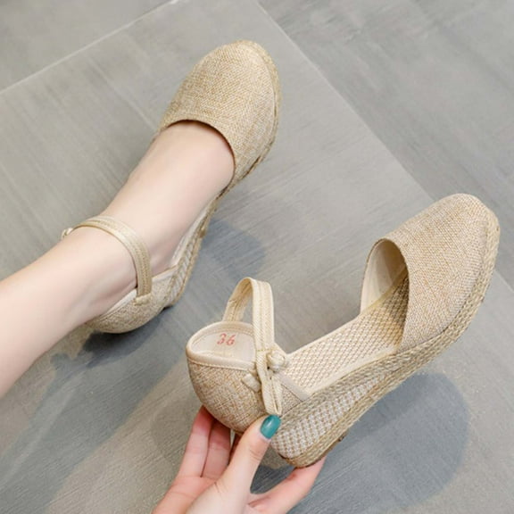 CQONEPT Wedge Espadrilles for Womens Dressy, Lace up Espadrilles Closed Toe Wedges Sandals Strappy Slingback Platform Heels Summer Wedges Shoes Size 5 Beige