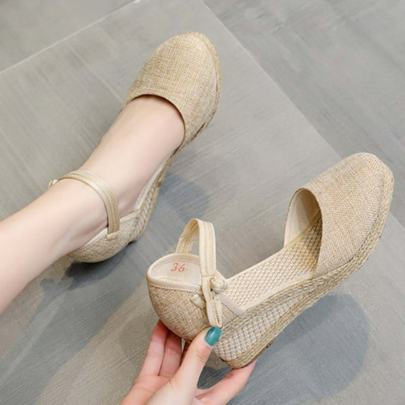 CQONEPT Wedge Espadrilles for Womens Dressy, Lace up Espadrilles Closed Toe Wedges Sandals Strappy Slingback Platform Heels Summer Wedges Shoes Size 5 Beige