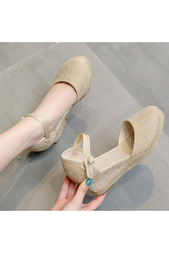 Wedge Espadrilles for Womens Dressy, Lace up Espadrilles Closed Toe Wedges Sandals Strappy Slingback Platform Heels Summer Wedges Shoes Size 5 Beige