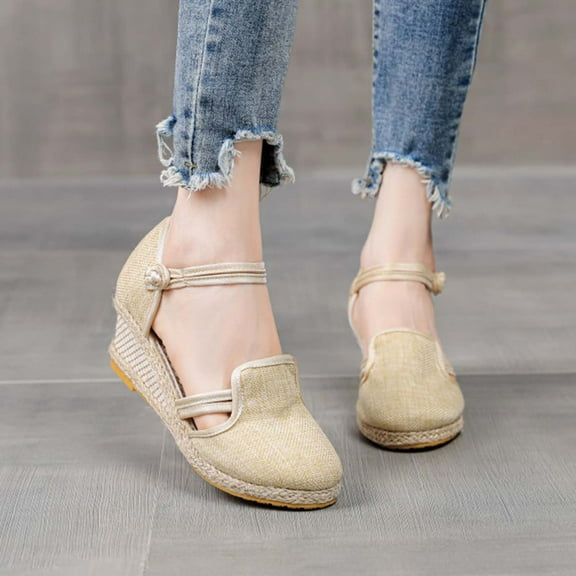 CQONEPT Wedge Espadrilles for Womens Dressy, Lace up Espadrilles Closed Toe Wedges Sandals Strappy Slingback Platform Heels Summer Wedges Shoes Size 6 Beige