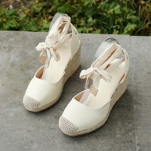 CQONEPT Wedge Espadrilles for Womens Dressy, Lace up Espadrilles Closed Toe Wedges Sandals Strappy Slingback Platform Heels Summer Wedges Shoes Size 7.5 White