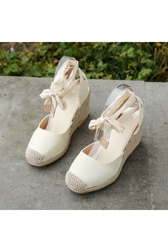 Wedge Espadrilles for Womens Dressy, Lace up Espadrilles Closed Toe Wedges Sandals Strappy Slingback Platform Heels Summer Wedges Shoes Size 7 White