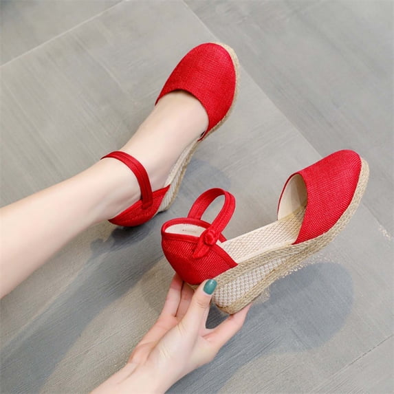 CQONEPT Wedge Espadrilles for Womens Dressy, Lace up Espadrilles Closed Toe Wedges Sandals Strappy Slingback Platform Heels Summer Wedges Shoes Size 8.5 Red