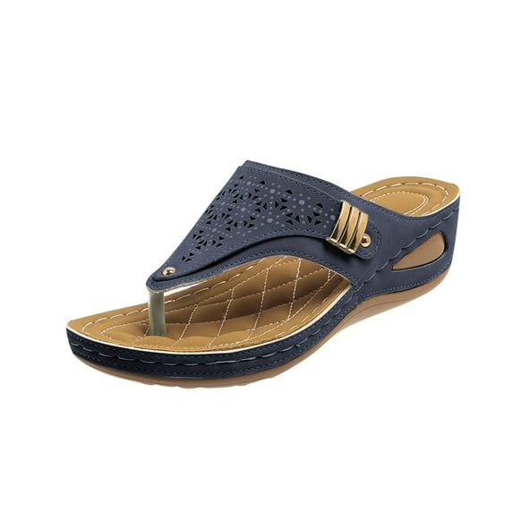 CQONEPT Wedge Sandals for Women Dressy, Comfort Elastic Strap Sandal , Casual T-Strap Beaded Flower Rhinestone Flat Sandals Dress Beach Shoes Dark Blue Size 9.5