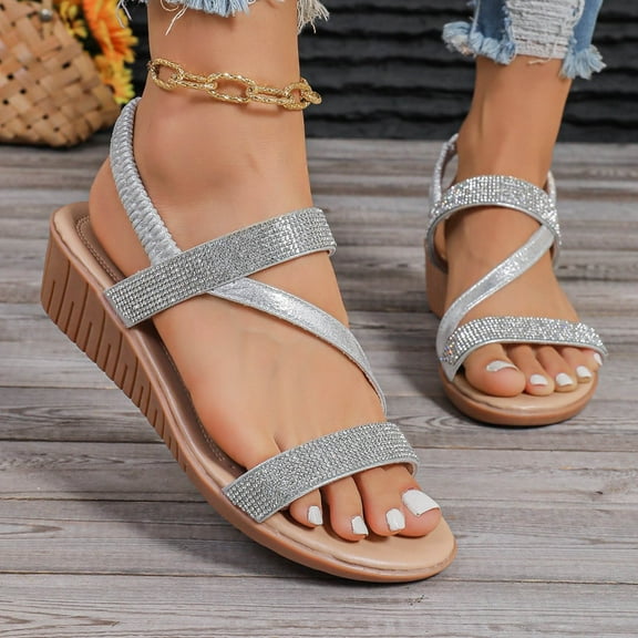 CQONEPT Wedge Sandals for Women Dressy: Summer Open Toe Elastic Ankle Strap - Comfortable Bohemian Flower Sandals - Low Wedge Sandal Size 5.5 Silver