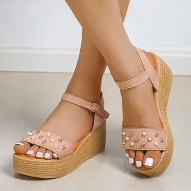CQONEPT Wedge Sandals for Women Dressy, Summer Open Toe Low Platform Wedges Sandals Elastic Ankle Strap Comfortable Casual Shoes Size 6.5 Pink
