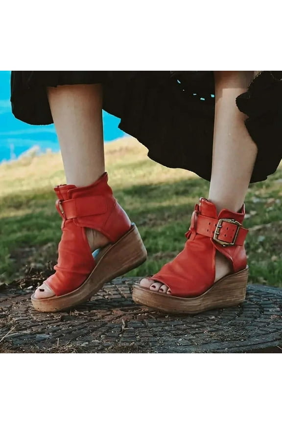 Wedge Sandals for Women Open Toe Buckle Strap Ankle Boots Vintage Hollow Out Platform Sandals Summer Casual Shoes Size 5.5 Red
