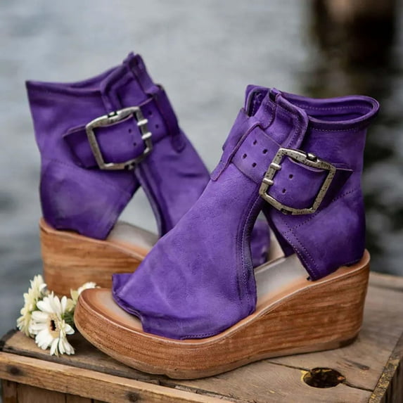 CQONEPT Wedge Sandals for Women Open Toe Buckle Strap Ankle Boots Vintage Hollow Out Platform Sandals Summer Casual Shoes Size 6.5 Purple