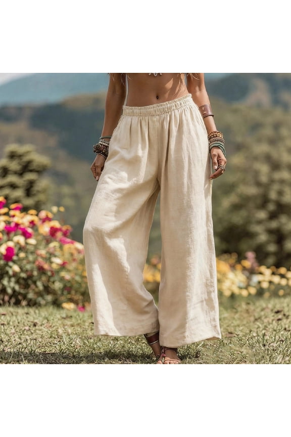 Wide Leg Linen Pant for Women Baggy Flow Elastic High Waist Pants Loose Fit Palazzo Lounge Trousers Beige XL