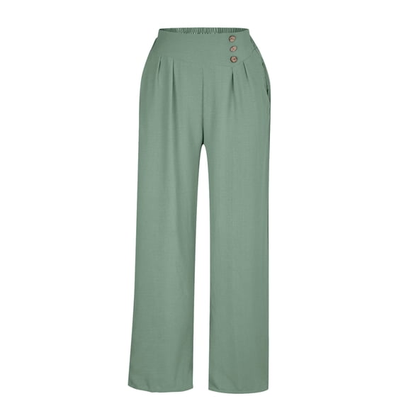 CQONEPT Wide Leg Pant for Women Button Palazzo High Waist Pants Casual Loose Fit Trendy Comfy Trousers Green L