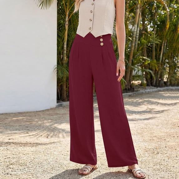 CQONEPT Wide Leg Pant for Women Button Palazzo High Waist Pants Casual Loose Fit Trendy Comfy Trousers Wine XL