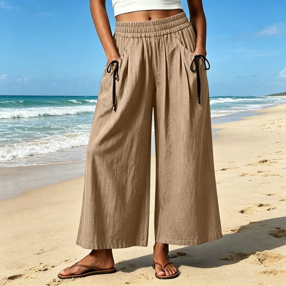 CQONEPT Wide Leg Pant for Womens Elastic Waist Elastic Waist Crop Pants Casual Flowy Loose Fit Trousers with Pocket Khaki S