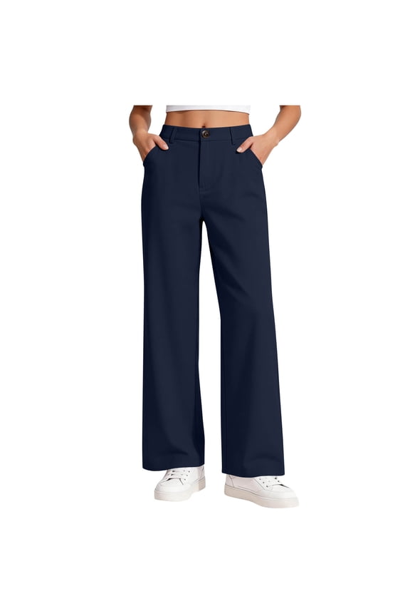 Wide Leg Pants for Girls High Waist Stretch Dress Casual School Uniform Comfy Joggger Pockets Pant for 5-15 Years Navy 6-7 Years
