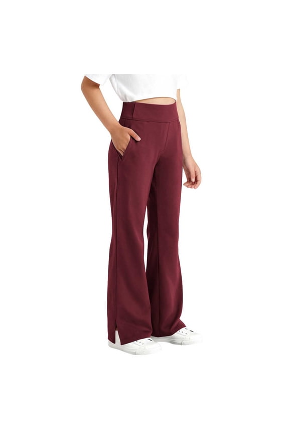 Wide Leg Pants for Girls High Waist Stretch Dress Casual School Uniform Comfy Joggger Pockets Pant for 5-15 Years Watermelon Red 6-7 Years