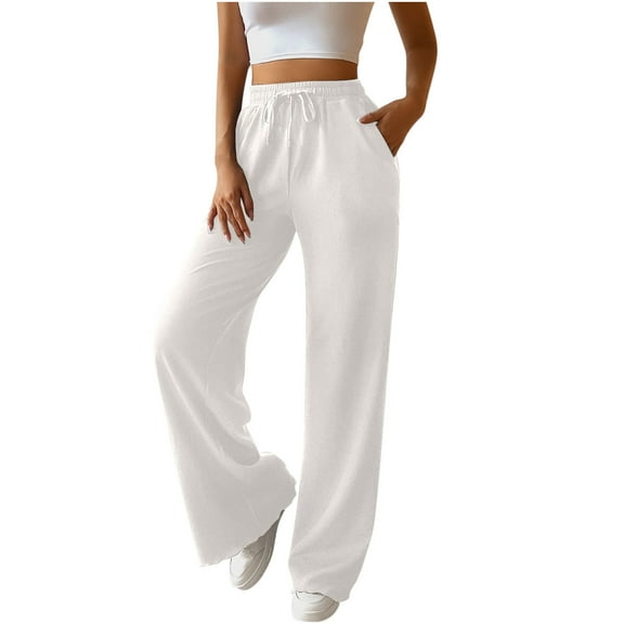 CQONEPT Wide Leg Pants for Womens Dressy Casual Baggy Pant Elastic Waist Drawstring Trousers with Pockets White XL