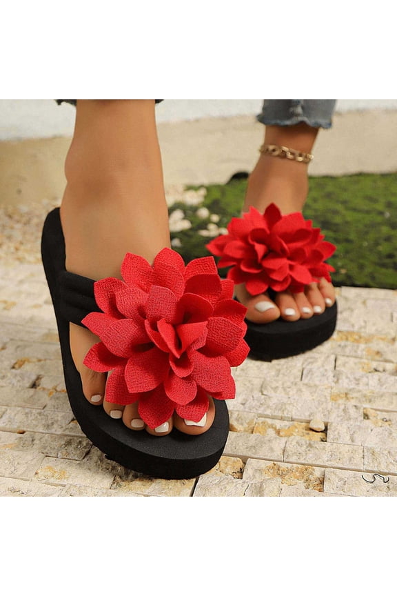 Women Beach Floral Sandals Casual Flat Boho Flip Flops Open Toe Summer Slide Fashion Slip on Arch Support Footbed Slides Red 37