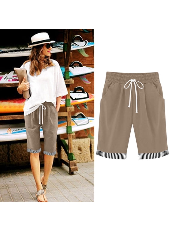 Women Capri Pants Cotton Linen Wide Leg Elastic Pocket Pant High Waist Summer Casual Loose Drawstring Crop Trousers Khaki 2XL