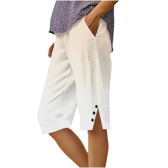 CQONEPT Women Color Block Capris Straight Leg Pant with Pockets Summer Beach Pants Side Slit Cropped Pant Beige M