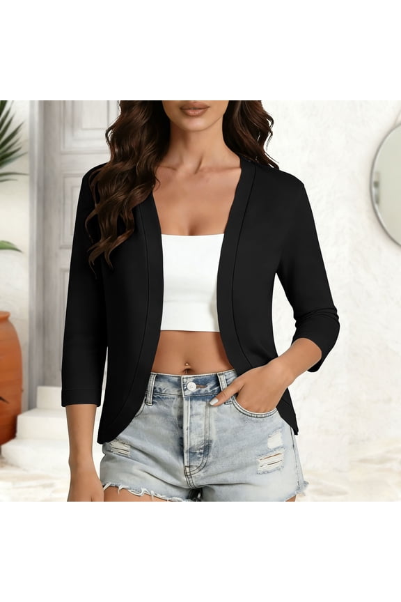 Women Cropped Blazer 3/4 Ruched Sleeve Collarless Open Front Business Casual Work Office Slack Cardigan Suit Jacket Black M