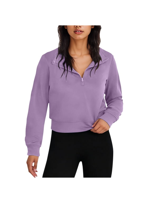 Women Cropped Half Zip Stand Collar Sweatshirt Long Sleeve Rib Cuff Loose Casual Crop Pullover Tops Purple 2XL