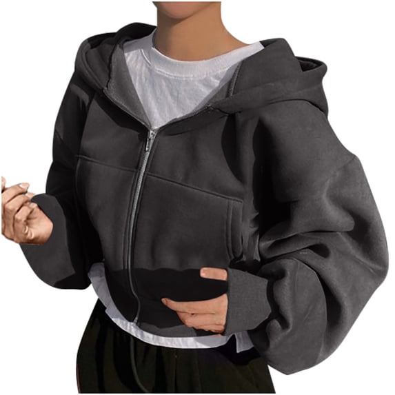 CQONEPT Women Cropped Zip Up Hoodies Sweatshirt Long Sleeve Trendy Clothes Loose Athletic Workout Top Essentials Hoodie Black 2XL