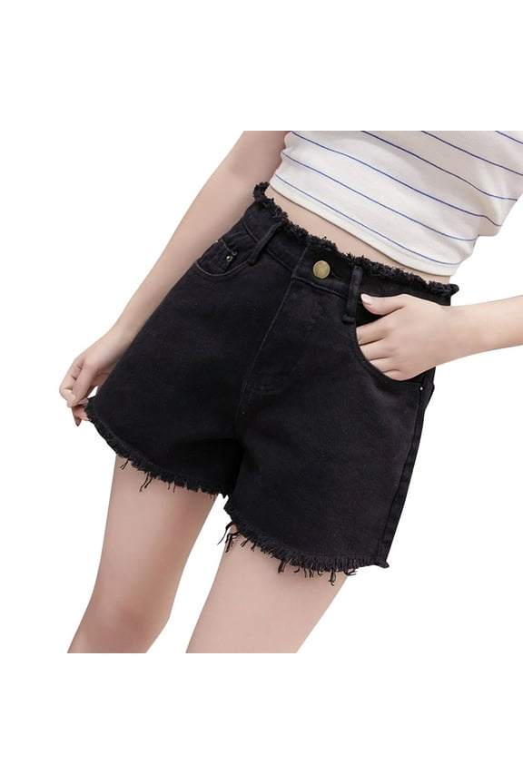 Women Denim Shorts Ripped Distressed Rolled Hem Short Jean Fashion Y2K Summer Streetwear Short Pants Black L