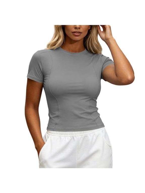 Women Elastic Workout Shirts Breathable Compression Quick Dry Gym Lightweight Basic Fitted Running Tops Gray S