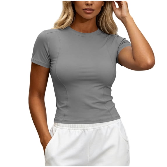 CQONEPT Women Elastic Workout Shirts Breathable Compression Quick Dry Gym Lightweight Basic Fitted Running Tops Gray XXXXXL