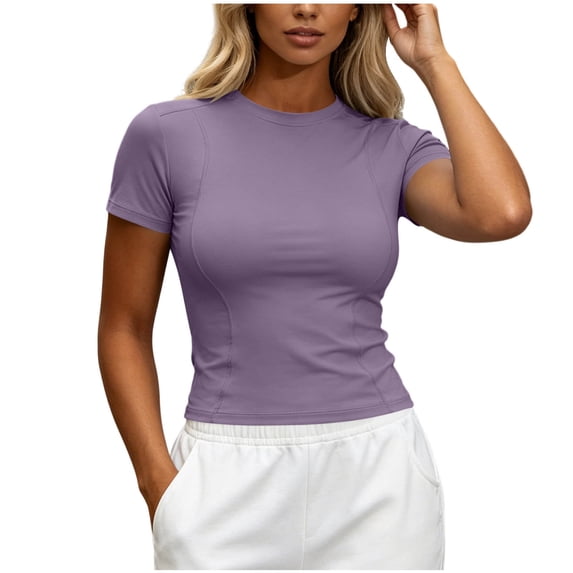 CQONEPT Women Elastic Workout Shirts Breathable Compression Quick Dry Gym Lightweight Basic Fitted Running Tops Purple XXXXL