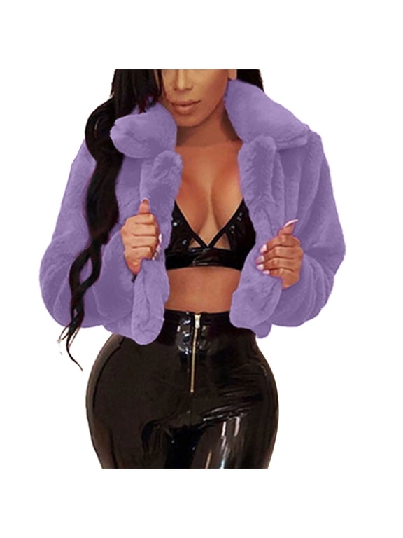 Women Faux Fur Jacket Crop Fuzzy Lapel Outerwear Short Coat Fluffy Puffy Jacket Open Front Warm Soft Shaggy Cardigan Purple S