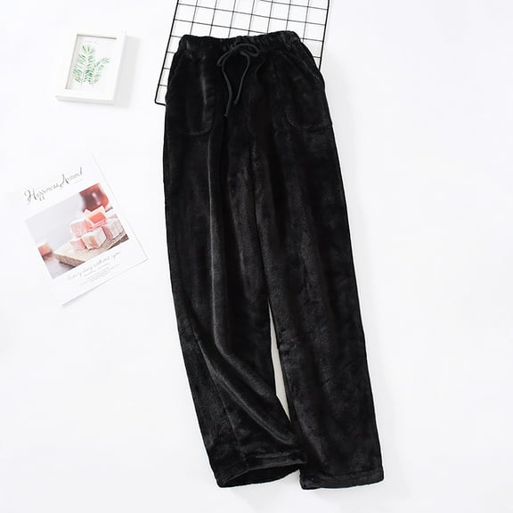 CQONEPT Women Flannel Pj Pants Sherpa Fleece Casual Baggy Home Pants Drawstring Elastic Waisted Pajama Bottom with Pockets Black 3XL