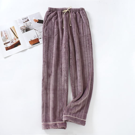 CQONEPT Women Flannel Pj Pants Sherpa Fleece Casual Baggy Home Pants Drawstring Elastic Waisted Pajama Bottom with Pockets Purple M