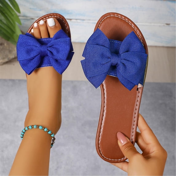 CQONEPT Women Flat Rhinestone Bow Slide Sandals Comfortable Summer Beach Slippers Slides Open Toe Flat Slip On Sandals Blue 38
