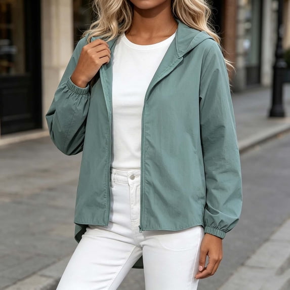 CQONEPT Women Hooded Zip Up Short Jackets Windbreaker Long Sleeve Loose Lightweight Travel Fall Fashion Casual Coat Green S