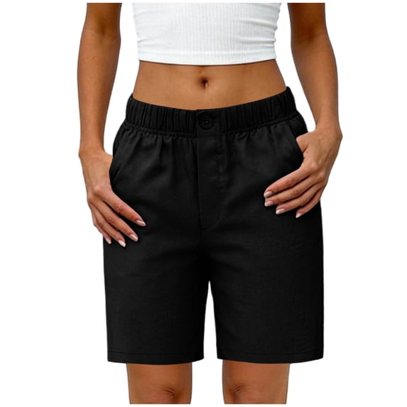 CQONEPT Women Knee Length Chino Shorts Button Elastic High Waist Bermuda Shorts Beach Short with Pockets Black 2XL