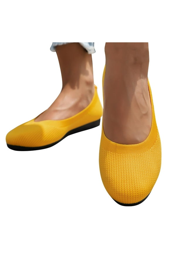 Women Knit Mesh Flats Low Heels Slip on Casual Shoes Wide Width Round Toe Non Slip Walking Offfice Shoes Yellow 41